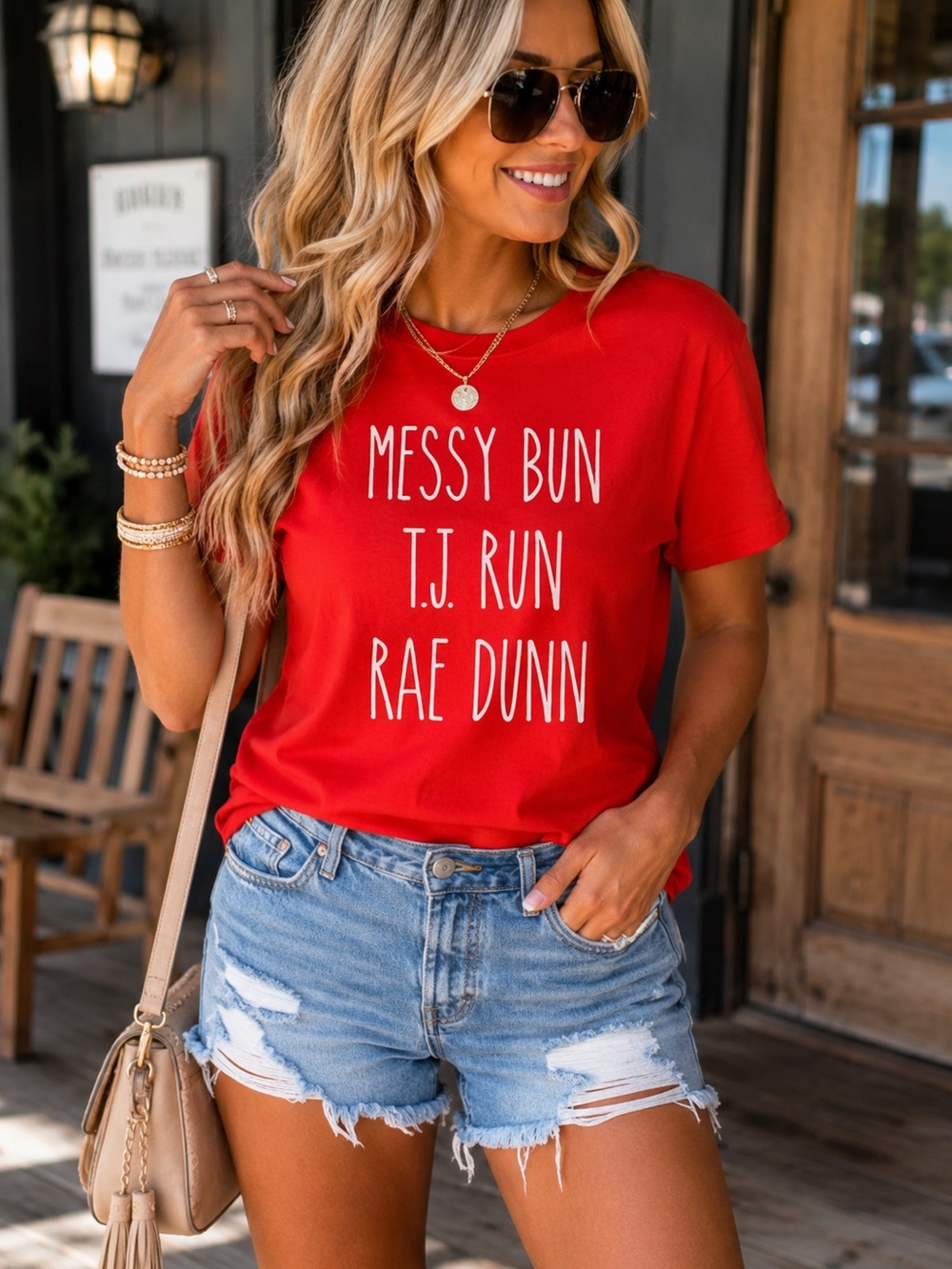MESSY BUN TJ RUN RAE DUNN Red Graphic T-shirt